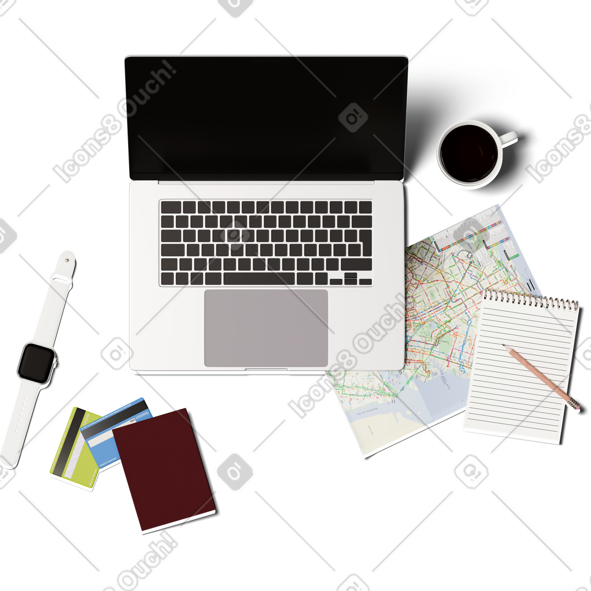 Top view of laptop, smartwatch, map, credit cards, and passport illustration in 3D Hygge style download in PNG, SVG