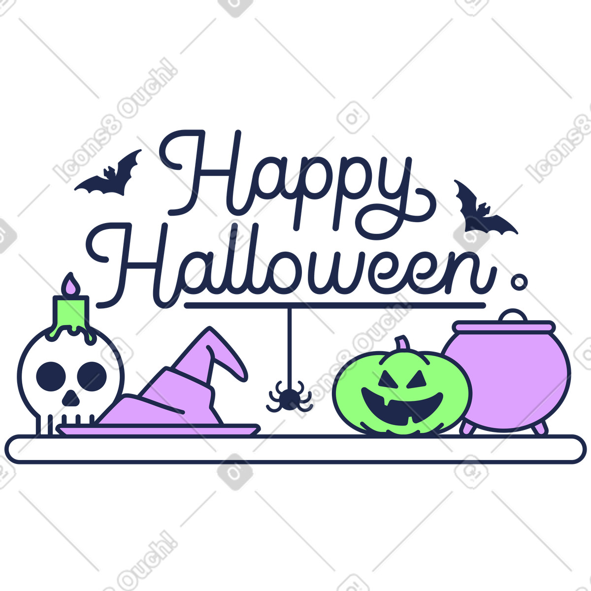 Ilustração de Happy Halloween lettering with pumpkin and witch hat, Spooky party invitation em no estilo Outline para baixar em PNG, SVG