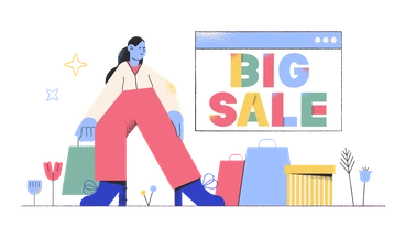 A woman standing beside a big sale sign - Pablo style illustration