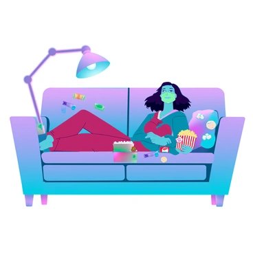 A character lounging on a modern, plush couch with a vibrant pattern. The character has medium-length hair and wears cozy, colorful pajamas. They have a green face mask covering their face, enhancing the relaxed vibe. The couch is scattered with various snacks, including a bowl of popcorn, chips, and candy wrappers. The character is leaning back comfortably, with one arm draped over the back of the couch, embodying a casual and carefree atmosphere. Soft, ambient light from a nearby lamp creates a cozy environment.
