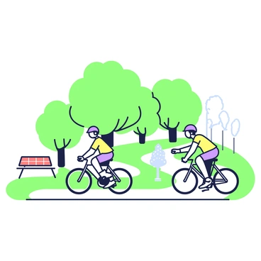 A sunny park scene with people riding bicycles along a winding path surrounded by trees.