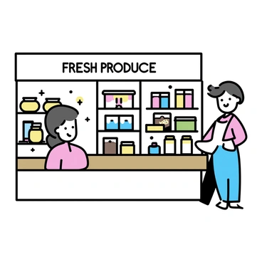 A small corner grocery store, featuring wooden shelves packed with colorful products. The shelves display a variety of items, including bright fruit and vegetable packages, assorted snacks in vibrant packaging, and jars of preserves. The store has a welcoming atmosphere, with a wooden counter at the front where a family member is assisting a customer. Above, a sign reads "Fresh Produce" in bold letters, while a window showcases light filtering in, illuminating the vibrant colors of the products on display.