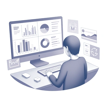 A computer screen displaying a variety of graphs and charts related to health data. The graphs include line charts, bar graphs, and pie charts, each containing different patterns and shapes. The screen is surrounded by data analysis tools and devices, like a keyboard and a mouse. A person sits in front of the screen, focused on analyzing the information. The environment is a modern office space with a minimalistic design.