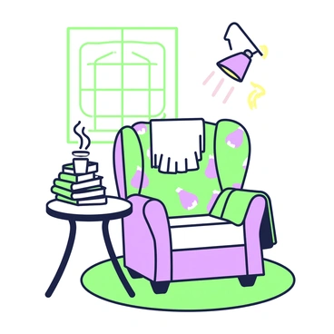 A vintage armchair is positioned in a cozy corner of a room. The armchair is upholstered in fabric with a fig-themed pattern, showcasing detailed illustrations of figs and leaves. There is a small round side table next to the armchair, holding a steaming cup and a stack of books. A soft throw blanket is draped over one arm of the chair. Behind the chair, a floor lamp with a warm glow illuminates the space, casting light over a plush rug beneath. A window nearby allows natural light to filter in, highlighting the inviting atmosphere of the corner.