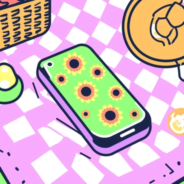 A flip phone is lying open on a picnic blanket that has a checkered pattern. The phone is decorated with vibrant sunflower stickers covering its exterior. Surrounding the phone, the picnic blanket is adorned with a variety of picnic items, including a woven basket and a few snacks placed neatly. Bright sunlight casts soft shadows on the blanket, creating a warm atmosphere.