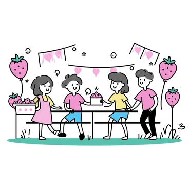 A group of four children is playing at a strawberry festival. They are wearing bright summer clothes, with two boys in red T-shirts and one girl in a pink dress. The fourth child, a girl with a yellow shirt, is holding a basket filled with fresh strawberries. Around them, there are various strawberry-themed decorations, including large red strawberry balloons and banners depicting strawberries. The setting includes a green field with picnic tables, and a few people can be seen enjoying the festivities in the background.