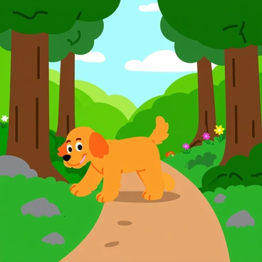 A curious labradoodle with a wavy golden coat is exploring a lush forest trail. The dog has floppy ears and a cheerful expression as it sniffs around the greenery. Tall trees with thick trunks and vibrant green leaves rise on either side of the trail, creating a dense canopy overhead. Colorful wildflowers peek out from the underbrush, adding splashes of color to the scene. Sunlight filters through the leaves, casting playful patterns of light and shadow on the ground. The trail is lined with soft brown soil and scattered pebbles, leading deeper into the enchanting forest.