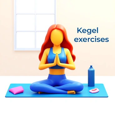 A woman with long, flowing hair is sitting on a yoga mat in a comfortable indoor environment. She is wearing a fitted athletic outfit in soft colors. Her posture is upright, with her hands resting on her knees as she focuses on her breathing. Surrounding her are various yoga props, including a water bottle and a small towel. "Kegel exercises" are indicated in a gentle font beside her, emphasizing her practice. Natural light filters in through a nearby window, creating a calm atmosphere in the space.