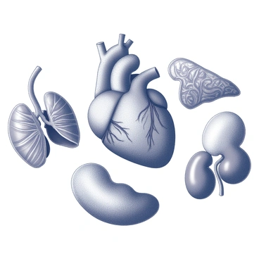 A collection of human organs displayed in an intricate manner. The heart is positioned centrally, surrounded by the lungs, liver, and kidneys. Each organ is artfully stitched, showcasing a variety of patterns created with threads. The embroidery emphasizes the texture and shape of each organ, with detailed stitches outlining their features. The background is simple to keep the focus on the embroidered organs.