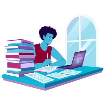 A focused student with medium skin tone and curly hair is sitting at a modern desk. They are surrounded by a variety of colorful music theory books stacked haphazardly and scattered sheet music. The desk is cluttered with pencils, a notepad filled with notes, and a laptop displaying musical notations. The student has a determined expression, leaning over a book open in front of them, taking notes. A large window nearby lets in natural light, illuminating the scene.