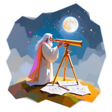 An elderly wizard named "Merlin" with long white hair and a long flowing robe stands on a grassy hill under a star-filled sky. He is intently gazing through a golden telescope, meticulously charting constellations. The telescope is elegantly designed and reflects the faint glow of the stars surrounding it. In the background, the sky is a deep navy blue, filled with twinkling stars and celestial bodies. A large, luminous moon hangs overhead, casting a soft light on the scene. Beside Merlin, on the ground, are scattered parchment sheets covered in detailed sketches of constellations and notes.