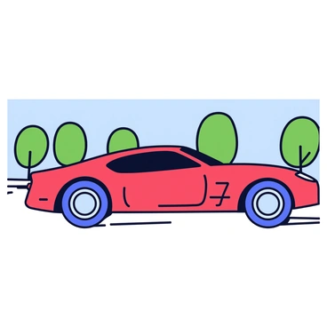 A sleek sports car in a vibrant red color is speeding down a highway. The car features a low profile and aerodynamic curves, showcasing its dynamic design. The background depicts a blurred highway with green trees and a clear blue sky, emphasizing the motion of the car. The wheels of the car are rotating rapidly, adding to the sense of speed.