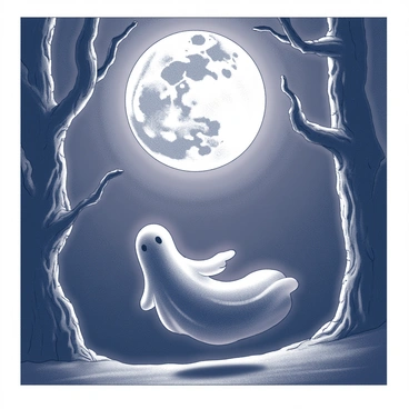 A ghostly figure with an elongated shape and soft edges is floating just above the ground. The figure has a translucent appearance, with wisps that seem to fade into the night air. Above it, a full moon is shining brightly, casting a pale light across the scene. The moon's surface is detailed with craters and shadows. Surrounding the figure, dark, gnarled trees tower with twisted branches that reach out, creating a stark contrast against the illuminated moonlight. The trees have an intricate texture, emphasizing their rough bark and leafless limbs. The atmosphere is thick with a sense of mystery and the ethereal presence of the ghostly figure.