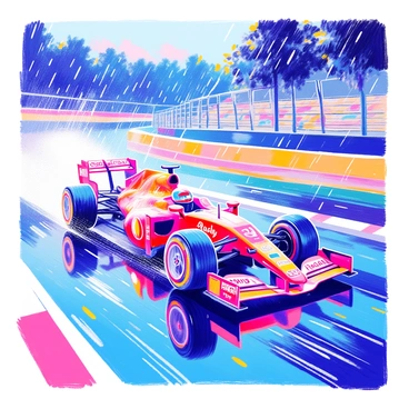 A sleek racing car speeds along a wet track. The car has a shiny red exterior with sponsor logos prominently displayed. Raindrops are heavily falling from the sky, creating a misty atmosphere around the scene. As the car accelerates, water splashes up from its tires, sending droplets flying in all directions. The track reflects the surrounding lights, and puddles are visible along the edges. The background features blurred trees and stands, emphasizing the speed of the car.