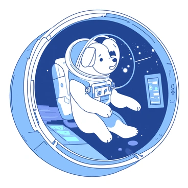 A white dog in a small space suit is floating inside a spacecraft. The space suit is equipped with a clear helmet, allowing the dog's expressive face to be seen. The interior of the spacecraft is filled with various buttons and screens, glowing softly. Small tools and equipment are secured to the walls, and the dog is suspended in zero gravity, with its ears flapping gently. The window of the spacecraft reveals a distant view of stars and planets outside, creating a sense of adventure.