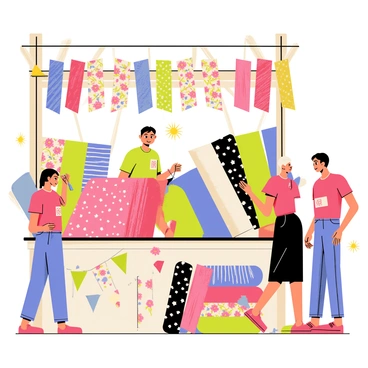 A market stall filled with rolls of jersey fabric in a variety of patterns and colors. The stall has a wooden frame adorned with colorful fabric swatches hanging from it. There are floral patterns in vibrant pinks and greens, polka dots in classic black and white, and stripes in bold reds and blues. A friendly vendor stands behind the stall, smiling, and holding a measuring tape. Sunlight shines down on the fabrics, creating a lively atmosphere. Shoppers browse the fabrics, examining the different textures and designs available.