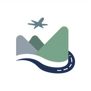 A logo featuring a stylized road with curved lines representing asphalt. Next to it, there is a simplified train track with a train icon on top, showcasing the rail transport element. Above these, an airplane silhouette flies across the logo, symbolizing air transport. All elements are integrated in a balanced composition, with smooth transitions between the road, rail, and air icons. The color palette consists of shades of blue, green, and gray, providing a modern and cohesive look.