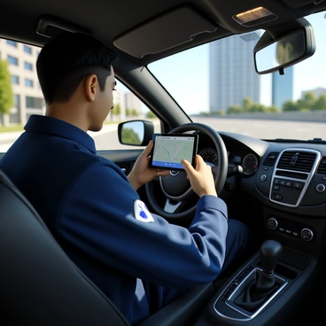 A professional driver with short black hair is seated in the driver's seat of a modern vehicle. He is wearing a blue uniform with a logo on the chest. In his hands, he is holding a GPS device, focused on the screen displaying a detailed map with a highlighted route. The dashboard of the car features various controls and indicators, and the interior is well-lit by the ambient light coming in from the windshield. Outside the car, a cityscape is visible, with tall buildings lining the street, and a clear blue sky above.