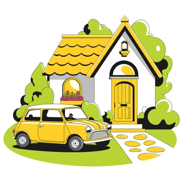 A classic Mini Cooper parked in front of a cottage with white walls and a thatched roof. The Mini Cooper is bright yellow, showcasing its iconic round headlights and sleek design. The cottage has colorful flower boxes under the windows filled with various blooming plants. Lush green grass surrounds the cottage, with a cobblestone path leading up to the front door, which features a rustic wooden frame. Trees are visible in the background, providing a serene setting for the scene.