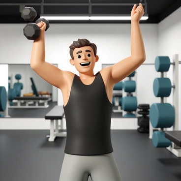 A person, wearing a black tank top and gray shorts, is standing in a gym, raising their arms in triumph. They have short brown hair and a broad smile on their face, showcasing their excitement. In one hand, they are holding a dumbbell, while the other hand is raised high in celebration. The gym is equipped with various fitness equipment in the background, including weight benches and a mirror reflecting the person’s accomplishment. The floor is made of dark rubber tiles, and bright lights illuminate the space, highlighting the person's achievement.