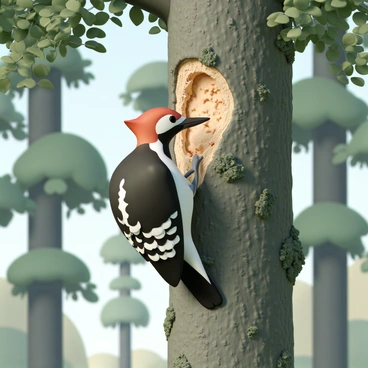 A woodpecker, with vibrant red plumage on its head and a black-and-white patterned body, is diligently pecking at a rough, textured tree trunk. The tree trunk is covered in patches of moss and lichen, and there are visible wood shavings falling from the spot where the bird strikes. In the background, tall trees with green leaves create a dense forest atmosphere, with dappled sunlight filtering through the branches, illuminating the scene. The woodpecker's beak is poised mid-attack, showing its focus and determination.