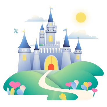 A large, intricately designed castle with tall spires and ornate towers is set in a vibrant fairy tale landscape. The castle is surrounded by lush green hills and colorful flowers in various shades of pink, yellow, and blue. A winding path leads from the foreground to the castle's grand entrance, which features large, arched doors. In the sky above, fluffy white clouds drift, and a bright sun casts a warm glow over the scene. Birds can be seen flying around, adding to the enchanting atmosphere.