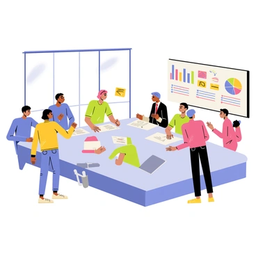 A modern meeting room with a large rectangular table surrounded by a diverse team of professionals engaged in brainstorming. The team consists of men and women of various ethnicities, all looking focused and collaborating. On the table, there are several papers and charts, with vibrant graphs showcasing different data points. A whiteboard in the background displays colorful sticky notes and diagrams. Large windows let in natural light, illuminating the room, and there's a sleek digital screen on one wall showing a presentation with more graphs and charts related to their discussion.