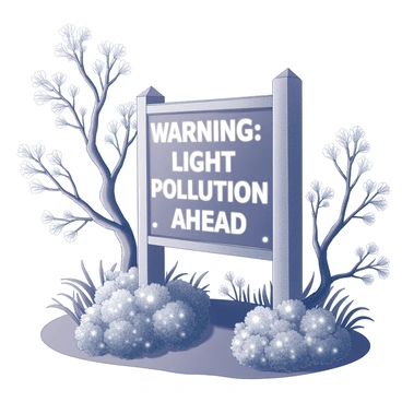 A sign in a park with clear text reading "Warning: Light Pollution Ahead" prominently displayed. The sign is designed with a sturdy wooden frame, standing upright among lush vegetation. Surrounding the sign, trees have intricate branches that appear to be glowing, and flowers bloom with luminous petals, casting soft light. The overall scene portrays a harmonious blend of nature and the message of environmental awareness.