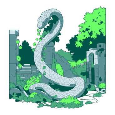 A large stone statue of a snake is coiled in an intricate pattern, towering above the surrounding foliage. The statue is weathered with age, showcasing cracks and moss that have formed over time. In the background, the ancient garden is filled with vibrant green plants and wildflowers, intertwining with the remnants of crumbling stone walls and pathways. Wisps of ivy climb around the snake's body, blending the sculpture into the lush environment. Sunlight filters through the dense leaves, casting dappled shadows on the ground beneath the statue.