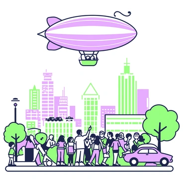 A majestic zeppelin is soaring high above a bustling cityscape. The zeppelin is detailed with a large, elongated shape and multiple sections. Below, a diverse crowd of people is gathered, looking up in awe, some pointing at the zeppelin. The city features a range of tall buildings with various architectural styles, including glass skyscrapers and brick structures. In the foreground, several people are engaged in conversation, while a child stands on tiptoe to get a better view. There are trees lining the street and a few cars parked nearby, adding to the urban environment. The sky above the zeppelin is clear, enhancing the sense of height and grandeur.