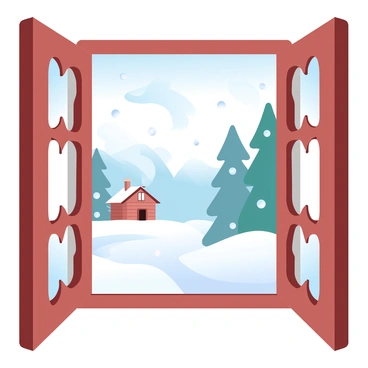 A cozy window with heart-shaped panes is positioned in the center of the image. The window frame is made of warm wood, showcasing intricate carvings. Outside, a picturesque snowy landscape unfolds, featuring gently falling snowflakes and a blanket of white covering the ground. In the distance, tall evergreen trees stand laden with snow, while a small cabin with smoke drifting from the chimney is nestled among the trees. The soft glow of light spills from the window, creating a contrast with the cool white of the snow outside.