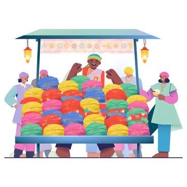 A vibrant market stall is filled with an array of colorful Rajasthani turbans neatly stacked and displayed. The turbans feature rich patterns and diverse hues including deep red, bright yellow, royal blue, and vivid green. Each turban is adorned with intricate embroidery and embellishments that catch the eye. Behind the stall, a vendor with dark skin and a traditional outfit is arranging the turbans, smiling at passing customers. The area around the stall is bustling with people, and traditional decorative elements such as hanging lamps and fabric banners create an inviting atmosphere.