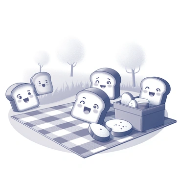A family of bread loaves with faces, having a picnic in a park
