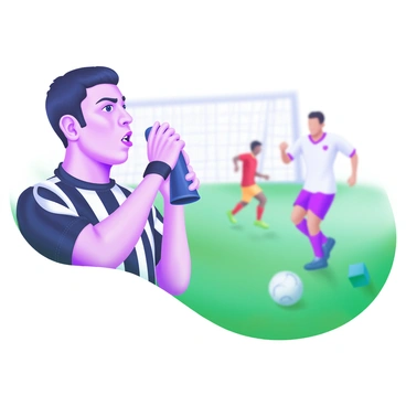 A close-up of a referee blowing a whistle as a game play unfolds in the background.