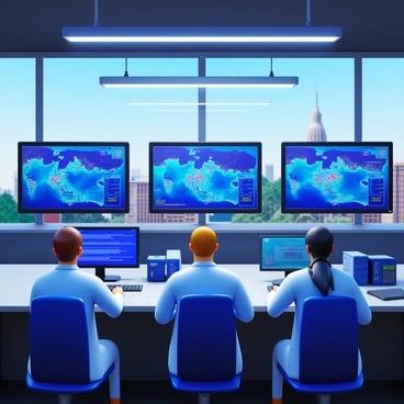 Technicians wearing lab coats closely monitor multiple high-tech screens displaying earthquake data. The screens show vibrant graphs and maps indicating seismic activity, with highlighted epicenters around the globe. The research center features modern equipment, including computers and seismic sensors, all organized on sleek desks. Bright fluorescent lights illuminate the room, creating a focused atmosphere. Large windows provide a view of a bustling scientific environment outside.