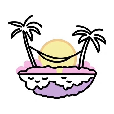 A floating island with a rugged, textured surface, surrounded by clouds. The sky is filled with shades of orange, pink, and purple as the sun sets on the horizon. Silhouettes of slender palm trees are positioned around the island, their fronds gently swaying. A hammock is strung between two palm trees, appearing to swing softly in the breeze. The overall scene captures the tranquility of a secluded paradise.