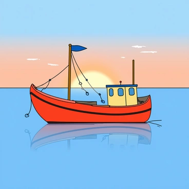 A small fishing boat with a rounded hull and a single mast is gently bobbing on the water. The boat is painted in bright colors, including red and blue, highlighting its cheerful appearance. The sky above is transitioning from deep blue to soft orange and pink hues, indicating the first light of dawn. The calm sea reflects these colors, creating a shimmering effect on the surface. In the background, a few fluffy clouds are softly illuminated by the rising sun. The boat is adorned with fishing nets that hang from its sides, and a small flag flutters at the top of the mast.
