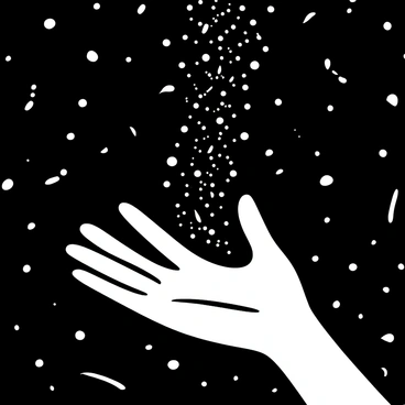 A hand with elongated fingers is gracefully extended, with small particles resembling "glowing stardust" cascading from its fingertips. The stardust appears to shimmer and float in the air, creating a trail of sparkling light. The background is filled with an abstract pattern resembling swirling galaxies, enhancing the enchanting effect of the stardust as it spreads.