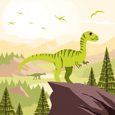 A solitary dinosaur, resembling a fearsome Tyrannosaurus rex, stands on a rocky mountain summit. The dinosaur has green scales with brown accents, and its powerful legs are positioned firmly on the uneven terrain. Below, a vast prehistoric landscape stretches out, filled with dense, lush ferns and towering conifer trees. In the distance, several other dinosaurs can be seen roaming the plains, including a flock of flying pterosaurs soaring through a bright blue sky. The sun casts warm golden rays, illuminating the scene and creating long shadows across the mountain and valley below.