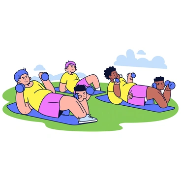 A sports team wearing matching uniforms in bright colors, consisting of jerseys and shorts, is positioned on a grassy field. Each team member is engaged in a dumbbell chest press workout. They are lying on exercise mats, holding dumbbells above their chests, with focused expressions. The background features a clear sky and the outline of distant trees, emphasizing an outdoor training environment.