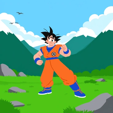A young warrior named Gohan, with spiky black hair and wearing a bright orange training uniform, is training in a lush wilderness. He stands in a dynamic pose, practicing his martial arts techniques. Surrounding him are tall green mountains capped with snow, creating a striking backdrop. The ground is covered with vibrant green grass and scattered rocks. A clear blue sky above reflects the sunlight, while fluffy white clouds drift lazily by. A few birds can be seen soaring in the distance, adding life to the serene natural setting.