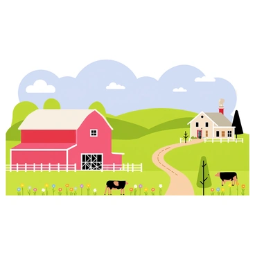 A peaceful countryside farm featuring a large red barn in the foreground. The barn has a white roof and is surrounded by lush green fields dotted with colorful wildflowers. A wooden fence lines the property, with a few grazing cows nearby. In the background, rolling hills rise under a clear blue sky with fluffy white clouds. A dirt path winds through the scene, leading to a quaint farmhouse with smoke curling from the chimney.
