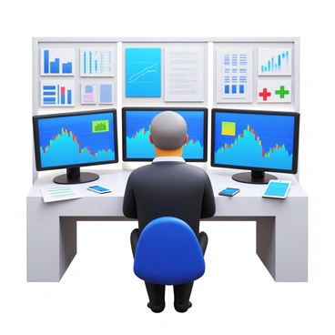 A stock market trader sitting at a modern desk, intently observing multiple computer screens. The screens display various market graphs, with colorful lines and indicators showing fluctuations in stock prices. The trader, a middle-aged man wearing a dark suit, has a focused expression as he monitors the rapidly changing data. The office space is well-lit, with charts pinned to the walls and financial reports spread across the desk. A smartphone sits beside the trading terminal, signaling alerts for market changes.