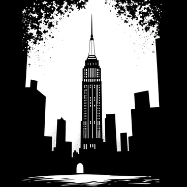 The scene depicts a foggy night where the silhouette of the Empire State Building is partially obscured by swirling mist. The tip of the building is illuminated, emanating a bright glow that cuts through the dense fog. Surrounding the base of the building, shadowy outlines of nearby structures are faintly visible, contributing to the atmospheric depth of the scene. The ground is wet, reflecting the light from the building and the mist, enhancing the overall mood of the night.