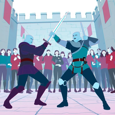 A duel between two witchers in a castle courtyard, surrounded by cheering onlookers