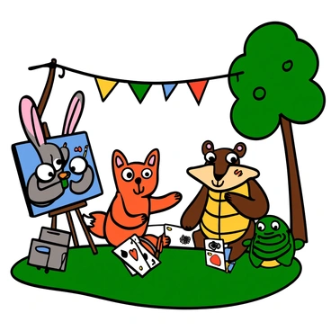 A group of cartoon animals is gathered together in a vibrant scene. A cheerful rabbit with big eyes is painting on an easel with colorful brushes, while a playful bear with big eyes is dancing joyfully nearby, swaying side to side. A clever fox with big eyes is sitting on the grass, focused on playing a game of cards with a happy turtle, who has a bright smile. In the background, a colorful banner is strung between two trees, adding to the festive atmosphere. Each animal is vividly colored, showcasing their unique personalities through their activities.