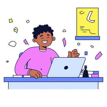 A student is sitting at a desk, joyfully reading an acceptance email for a scholarship on their laptop. The student has a big smile on their face, and their eyes are bright with excitement. Colorful confetti is falling around them, creating a festive atmosphere. The desk has a few books and a pen scattered on it, and there is a cheerful poster on the wall in the background.