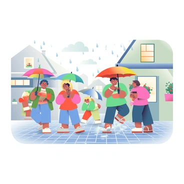 A gentle rain is falling softly on a village street. The cobblestone pathway is glistening with moisture, reflecting the muted colors of the surrounding buildings. People are walking along the street, each holding vibrant umbrellas in various colors including red, blue, and yellow. Some individuals are huddled closely together under larger umbrellas, sharing laughter as they navigate the wet conditions. Small puddles are forming on the ground, and a few children are splashing joyfully in the water. In the background, quaint houses with flower boxes and wooden shutters line the street, enhancing the charm of the scene.