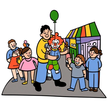 A street performer with light skin and short black hair is standing on a busy sidewalk. He is joyfully manipulating a colorful marionette that looks like a clown, with bright red hair and a cheerful smile. Surrounding him are several children with big eyes, including a girl with pigtails wearing a pink dress and a boy with a blue shirt holding a balloon. They are watching the performance with excitement and laughter. The sidewalk is bustling with people, and colorful storefronts line the background, adding to the lively atmosphere of the scene.