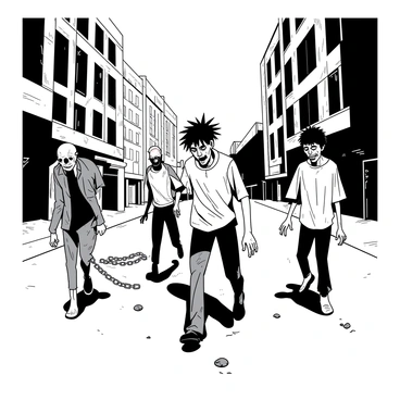 A group of five zombies is shambling down a deserted city street. The first zombie has tattered clothes, with one arm hanging loosely and exhibiting decayed skin. The second zombie, with a missing jaw, is reaching out as if searching for something. The third zombie is staggering, with a blank expression and blood-stained garments. The fourth zombie has wild hair and is dragging a broken chain behind it. The fifth zombie is staggering, with one shoe missing, adding to its disheveled appearance. The street is lined with abandoned buildings, with broken windows and scattered debris. A dim, eerie atmosphere surrounds the scene.